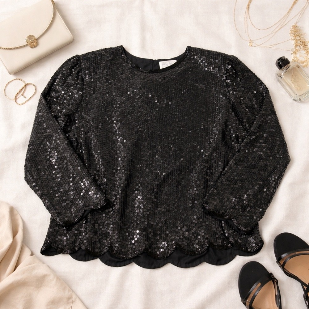Vintage Lord & Taylor Black Sequin Silk Blouse Scalloped Hem Top Womens 16W